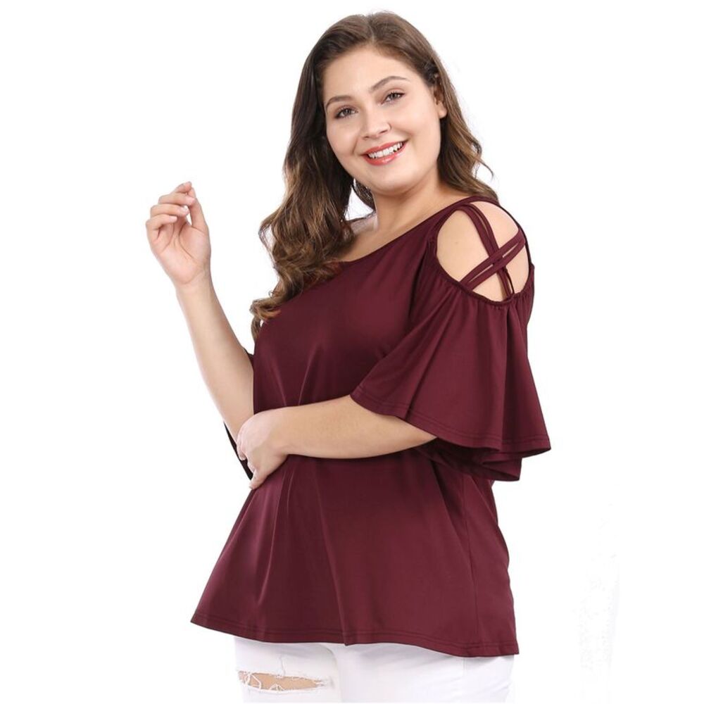 Women Plus Size Strappy Cold Shoulder Trumpet Sleeves Top Red